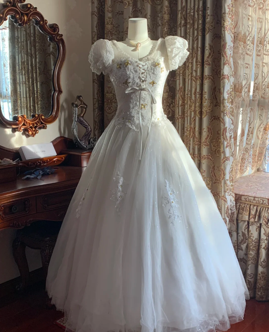 Classy White Ball Gown Tulle Lace Beaded  Long Wedding Dress Formal Bridal Dress D1719