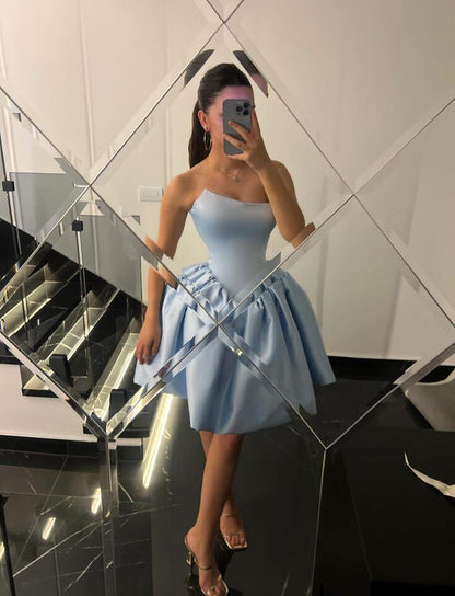 Elegant Blue Strapless Satin A Line Short Homecoming Dress Cocktail Dress D3678