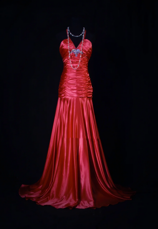 Fashion V Neck Satin Pleated Beaded Mermaid Long Evening Dress Formal Wedding Guest Dress D2214