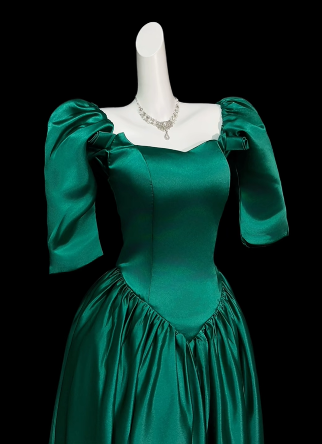 Vintage Satin A Line Long Wedding Guest Dress,Formal Green Long Party Gown D4179