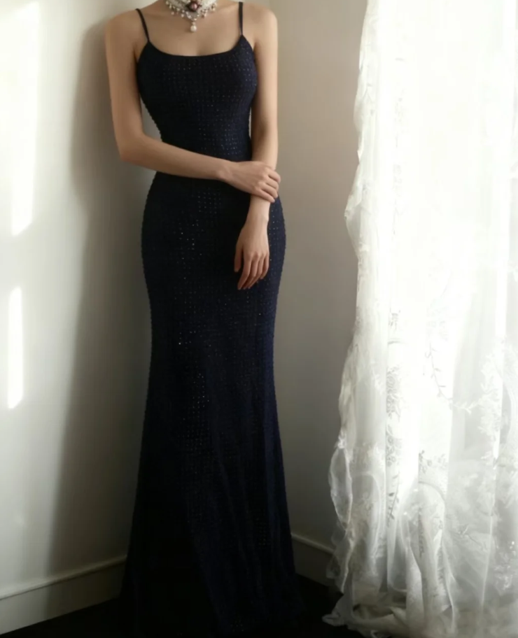 Classy Spaghetti Straps Navy Blue Beaded Mermaid Long Evening Dress Formal Wedding Guest Dress D2197