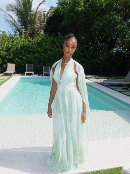 Classy Halter V Neck Chiffon A Line Long Evening Dress Light Green Party Gown D4972