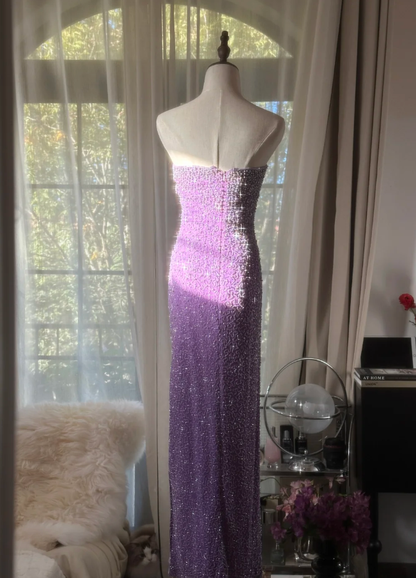 Glamorous Strapless Purple Chiffon Beaded Sheath Slit Prom Dress Long Party Gown D2297