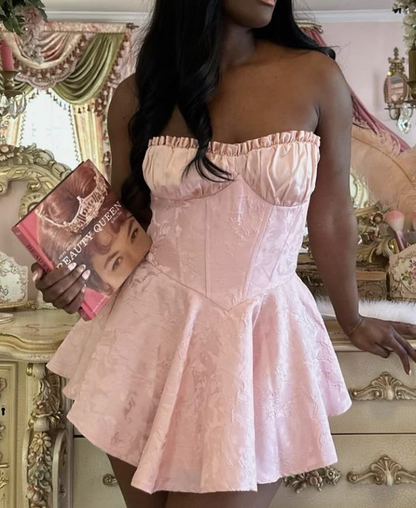 Cute Pink Satin Print Floral Mini Birthday Outfits Strapless A Line Graduation Homecoming Dress S474