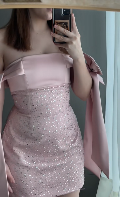 Elegant Pink Satin Beaded Sheath Short 6th Grade Homecoming Dress,Bow Strapless Mini Prom Dress D3946