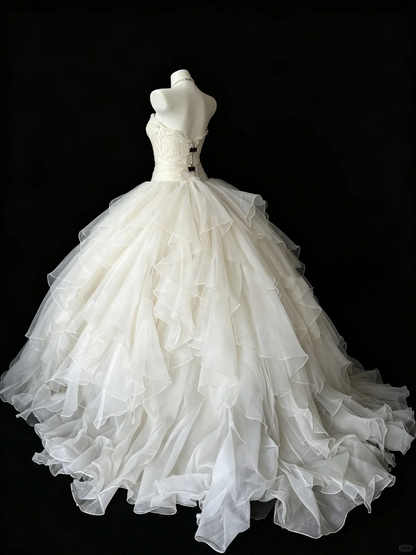 Glamorous Strapless White Tulle Tiered Long Wedding Dress D5240