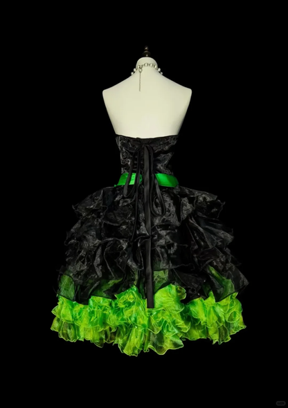 Fashion Strapless Black And Green Tulle Pleated Layered A Line Short Graduation Homecoming Dress,Mini Birthday Dress D4074