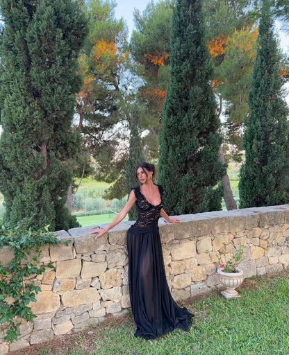 Sexy V Neck Lace Chiffon Evening Dress Black Long Party Gowns D5307