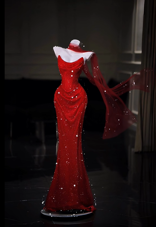 Charming Strapless Red Tulle Sequin Mermaid Long Evening Dress Prom Dresses D5212