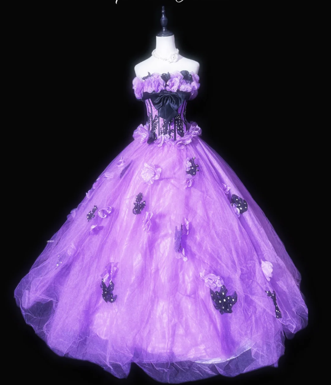 Pretty Purple Strapless Tulle 3D Flowers Beaded Ball Gown Quinceanera Dress D938