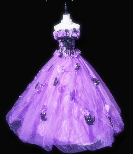 Pretty Purple Strapless Tulle 3D Flowers Beaded Ball Gown Quinceanera Dress D938