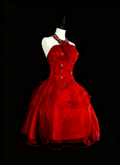 Charming Halter Red Satin Tulle Beaded A Line Short Homecoming Dress Birthday Dress D4048