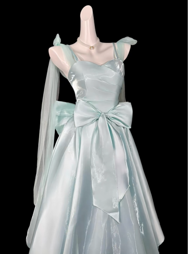 Pretty Light Blue Satin Tulle Bow A Line Long Party Dress Birthday Prom Dresses D4154