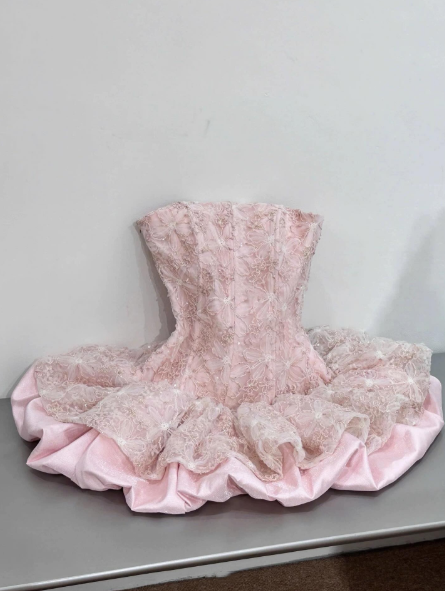 Cute Pink Strapless Lace Satin A Line Short Homecoming Dress 21st Birthday Party Dress D771