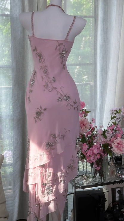 Sweet Spaghetti Straps Pink Chiffon Beaded Layered Mermaid Prom Dress Birthday Party Gown D1173