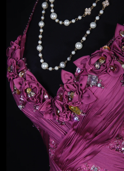 Glamorous Spaghetti Straps Satin Floral Beaded Mermaid Long Birthday Prom Dress Evening Dress D2257