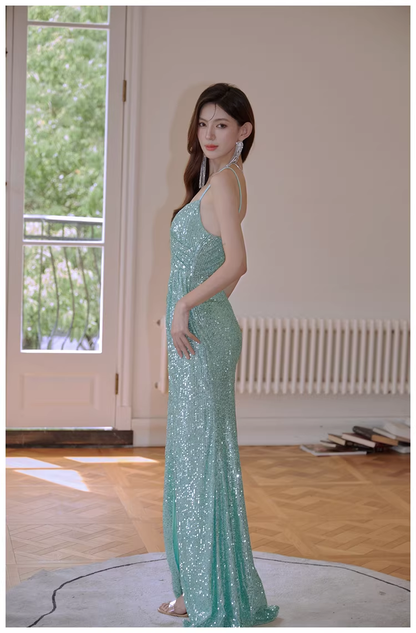 Sparkly Spaghetti Straps Mint Green Sequin Mermaid High Slit Long Prom Dress Evening Dress D2442