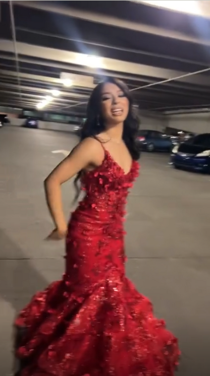 Sexy Spaghetti Straps Tulle Sequin Mermaid Evening Dress Red Long Party Dress D4982