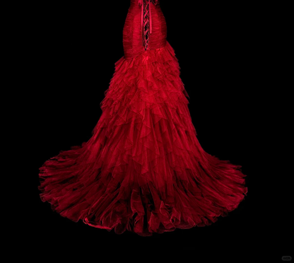 Charming Strapless Tulle Pleated Ruffles Mermaid Long Prom Dress Burgundy Evening Dress D5386