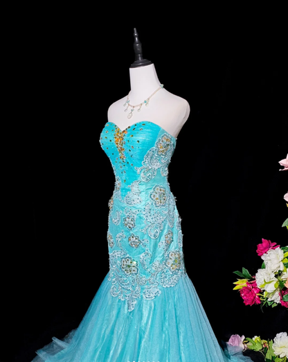 Charming Strapless Blue Tulle Appliques Beaded Mermaid Party Dress Long Birthday Evening Gown D2373