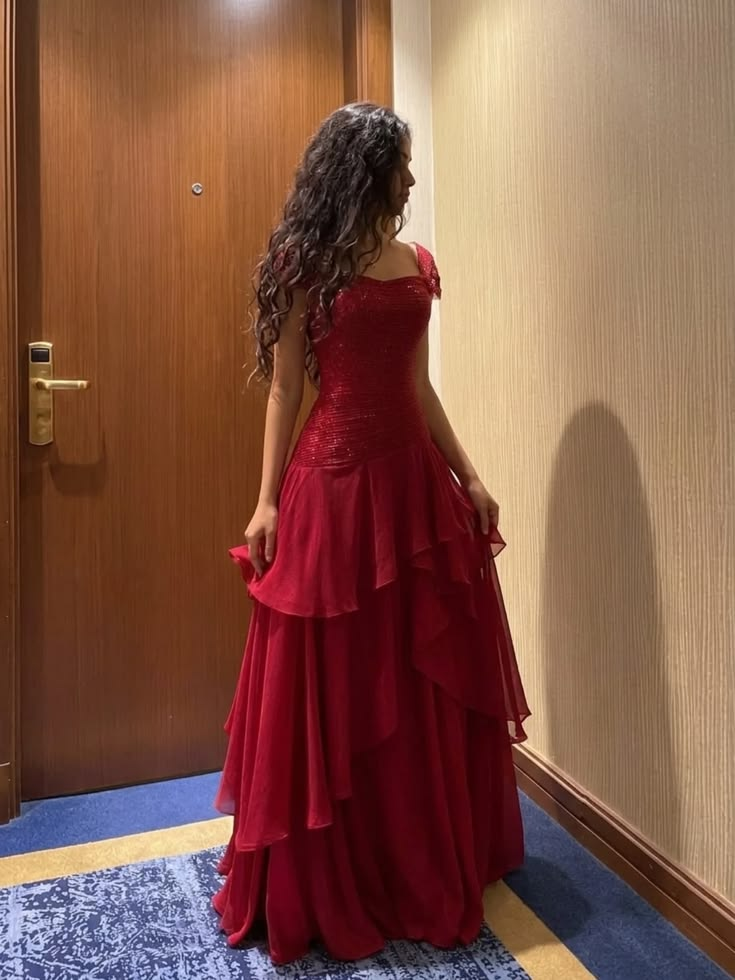 Charming Red Sequin Chiffon Layered A Line Long Party Dress Prom Dresses D4817