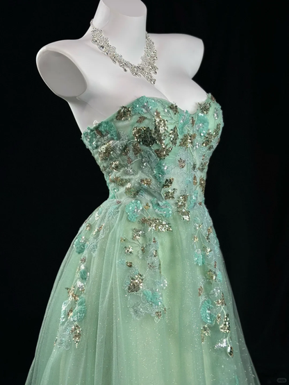 Charming Strapless Mint Green Tulle Sequin A Line Long Evening Dress Party Gown D2514