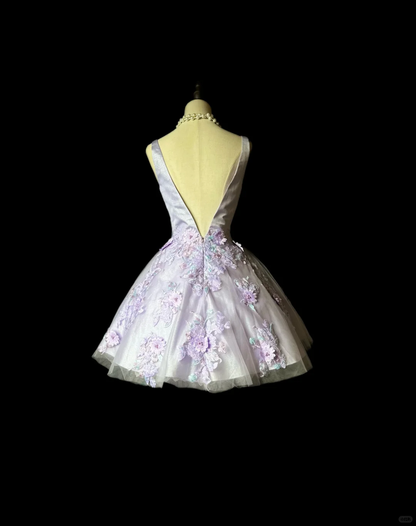 Glamorous Purple Satin Tulle Embroidery Appliques Short 6th Grade Homecoming Dress,Formal Mini 16th Birthday Outfits D3253