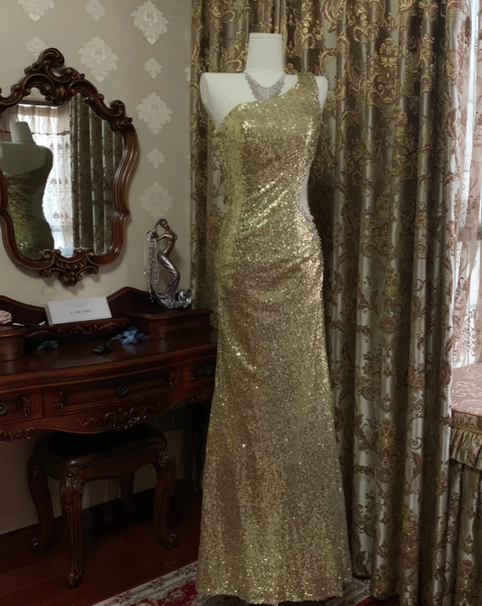 Sparkly Gold One Shoulder Sequin Mermaid Evening Dress Long Party Gown D1722