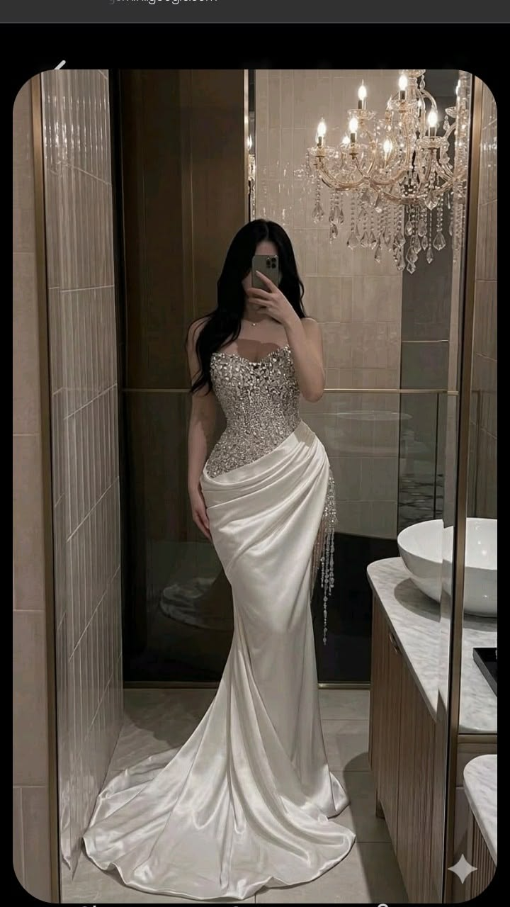Charming Strapless White Satin Sequin Beaded Mermaid Long Party Dress Prom Dress D2899