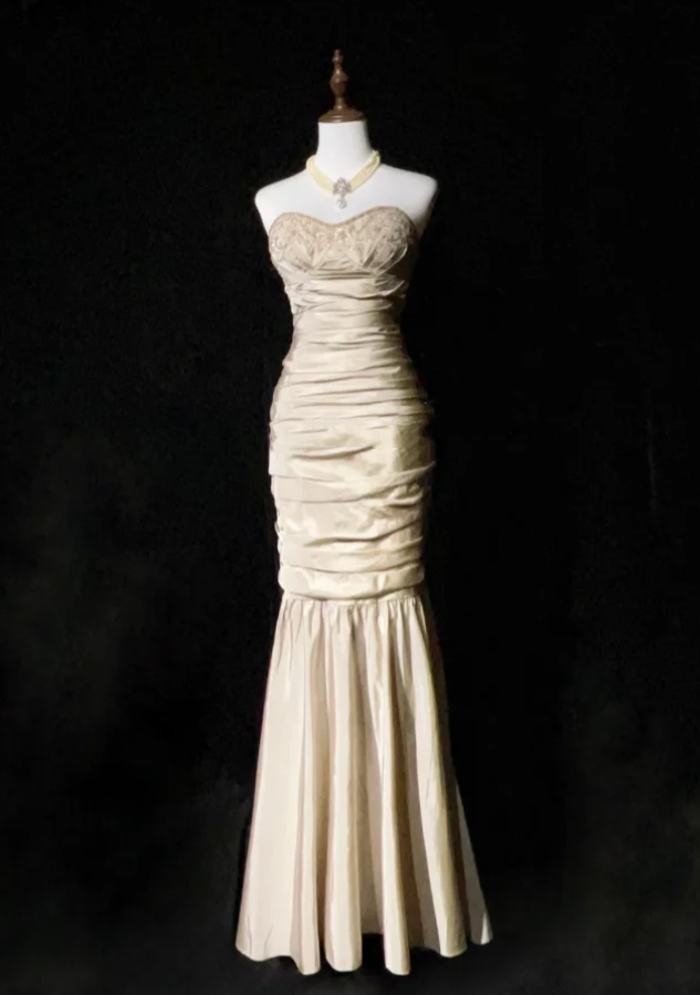 Elegant Strapless Satin Pleated Beaded Mermaid Long Wedding Guest Dress Formal Evening Dress Party Gown D1848