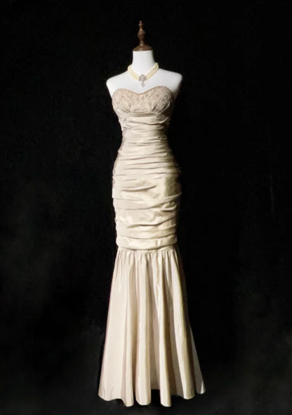 Elegant Strapless Satin Pleated Beaded Mermaid Long Wedding Guest Dress Formal Evening Dress Party Gown D1848