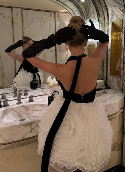 Glamorous Halter V Neck Tulle Ruffles A Line Short Party Dress Black White Short Homecoming Dress D4509
