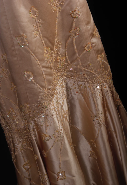 Fashion Spaghetti Straps Gold Satin Beaded Mermaid  Long Party Dress Evening Dress D2249