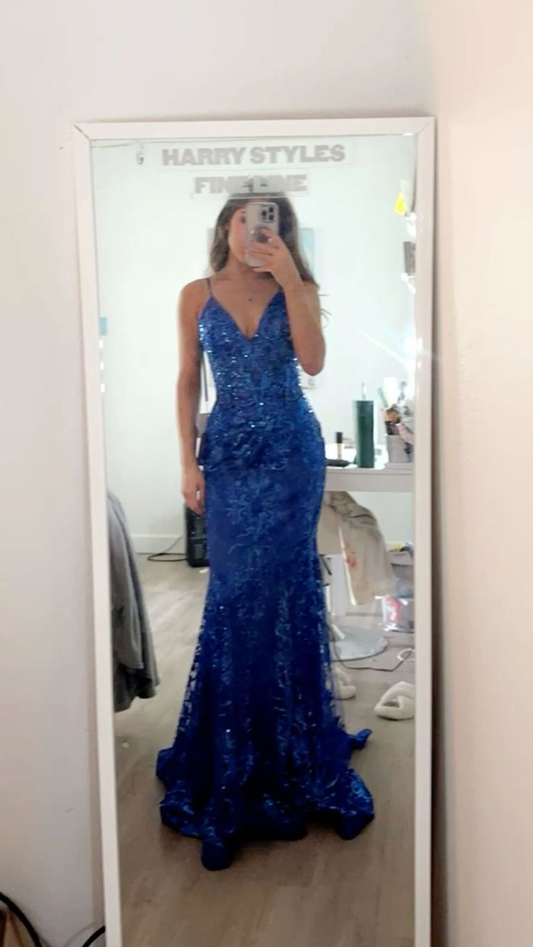 Gorgeous Spaghetti Straps Royal Blue Tulle Sequin Mermaid Evening Dress Long Wedding Guest Dress D1690