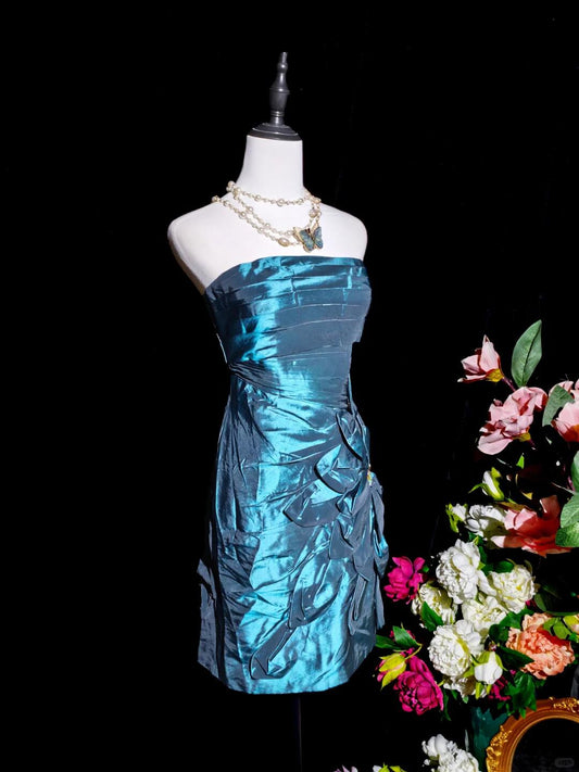 Vintage Strapless Satin Pleated Floral Short 7th Grade Homecoming Dress,Blue Sheath Mini Cocktail Dress D3153
