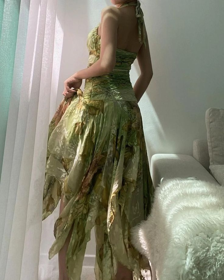 Vintage Halter Green Chiffon Print Floral Mermaid Long Evening Dress Birthday Dress D2970