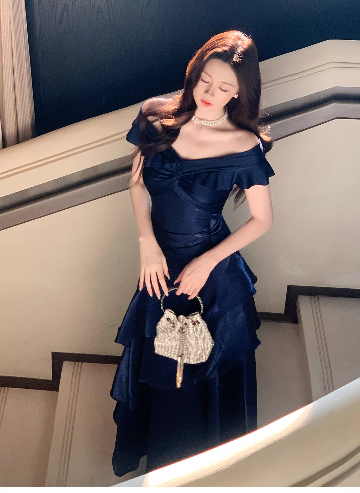 Stylish Navy Blue Off The Shoulder Satin Layered Ruffles Mermaid Long Evening Dress Prom Gown D2183
