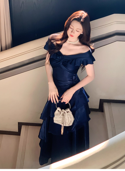 Stylish Navy Blue Off The Shoulder Satin Layered Ruffles Mermaid Long Evening Dress Prom Gown D2183