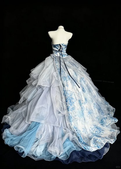 Charming Strapless Blue Satin Floral Tulle Sequin Quinceanera Dress Sweet 15 16 Dress D5271