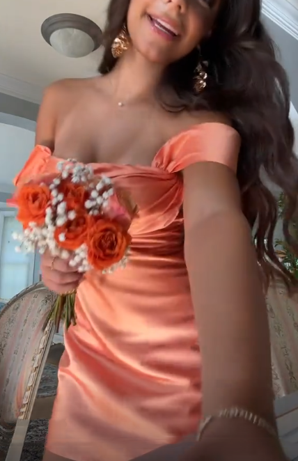 Elegant Orange Satin Off The Shoulder Short Graduation Homecoming Dress,Formal Short 19th Birthday Outfits D3341