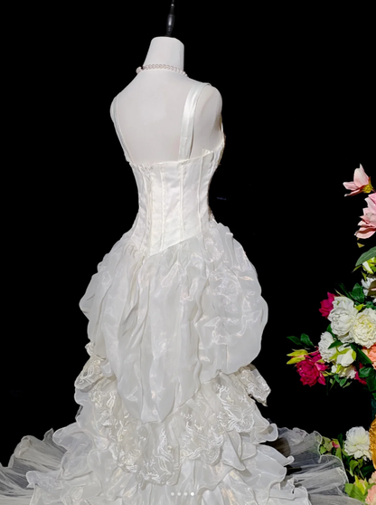 Classy Spaghetti Straps White Satin Tulle Layered Ruffles Long Mermaid Evening Dress Birthday Party Dress D2362