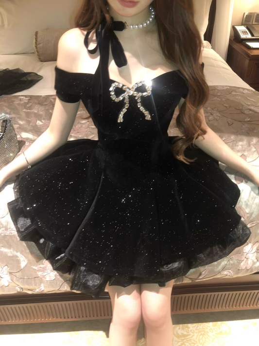 Black Off The Shoulder  Velvet Short Party Dress Birthday Dress S212