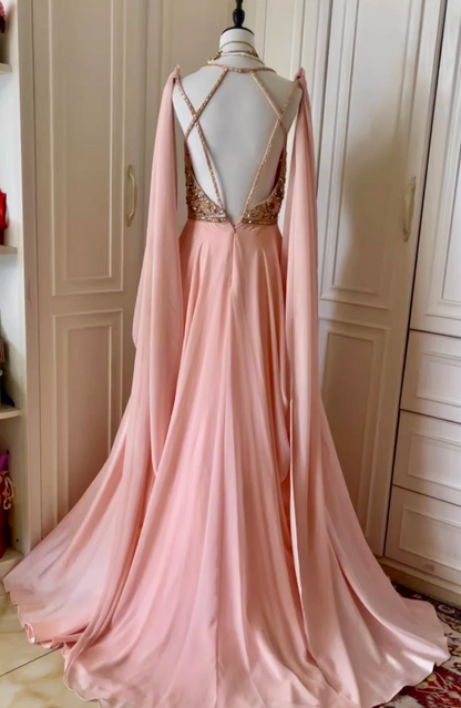 Gorgeous Spaghetti Straps V Neck Chiffon Sequin Beaded Long Wedding Guest Dress,Pink Mermaid Evening Dress D3098