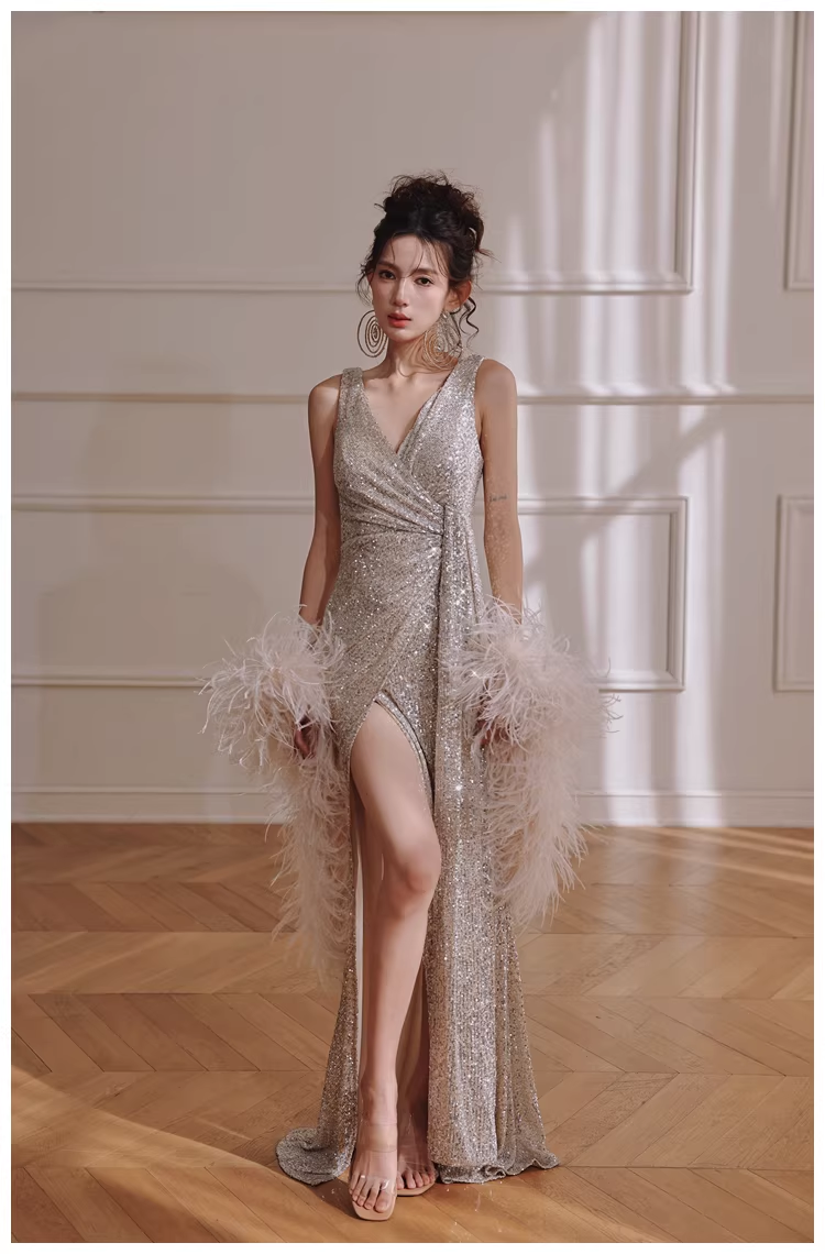 Glitter V Neck Silver Sequin Slit Mermaid Long Evening Dress Birthday Dress D2420