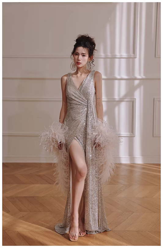 Glitter V Neck Silver Sequin Slit Mermaid Long Evening Dress Birthday Dress D2420