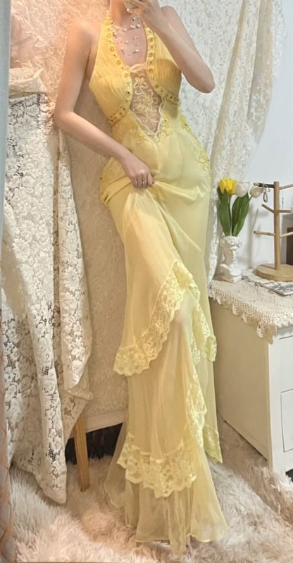 Classy Halter Yellow Lace Chiffon Beaded Mermaid Long Evening Gown Party Dress D1888