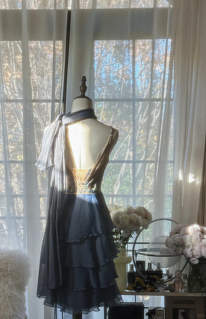 Stylish Spaghetti Straps V Neck Chiffon Sequin Cocktail Dress Blue Short Birthday Outfits Homecoming Dress S730