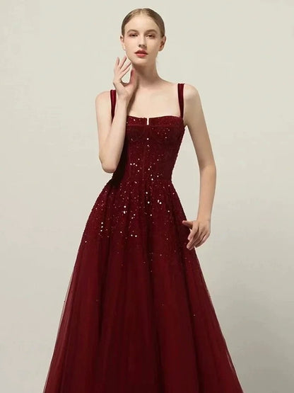 Retro A line Straps Sequin Burgundy Long Party Dress Prom Dresses SD1503