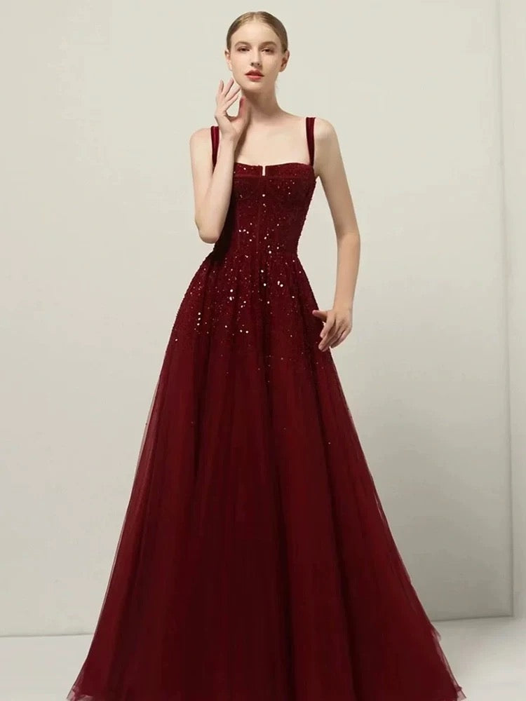 Retro A line Straps Sequin Burgundy Long Party Dress Prom Dresses SD1503