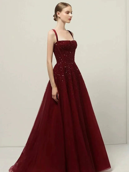 Retro A line Straps Sequin Burgundy Long Party Dress Prom Dresses SD1503